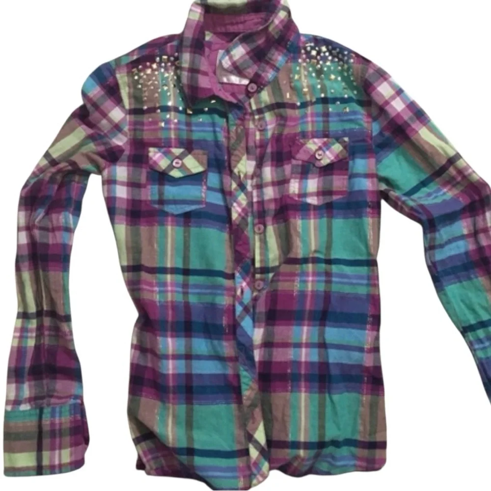 EUC Justice plaid shirt girls sz 14 Great condition jeweled studded shoulders